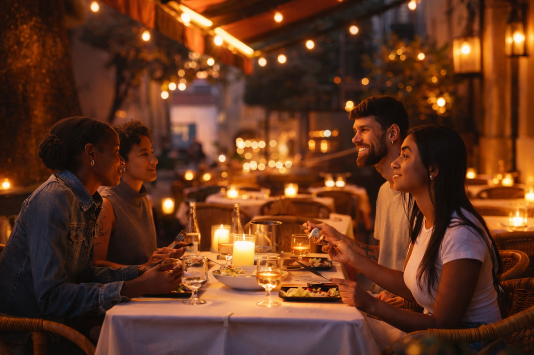 Lisbon restaurant night dinner people eating warm lights authentic food